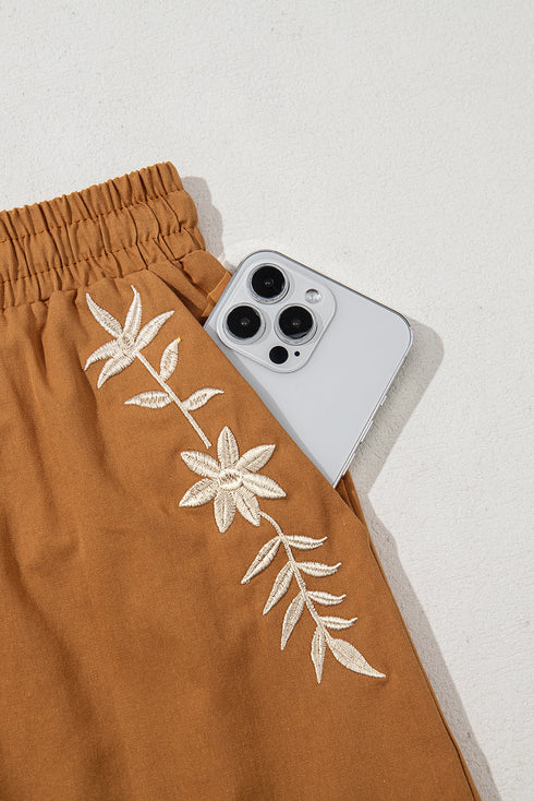 Khaki Embroidered Boho Tasseled Drawstring Elastic Waist Casual shorts